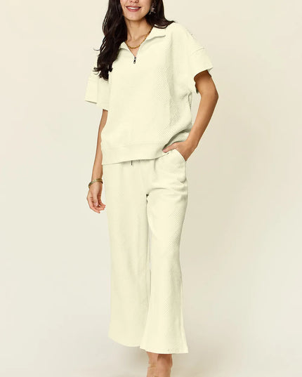 Double Take Full Size Texture Half Zip Short Sleeve Top and Pants Set Cream