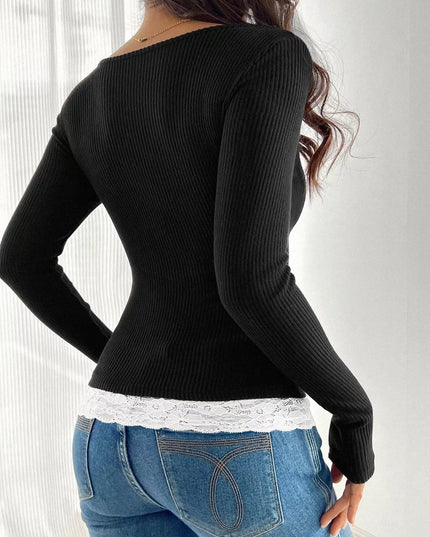 Lace Detail Long Sleeve Ribbed Top