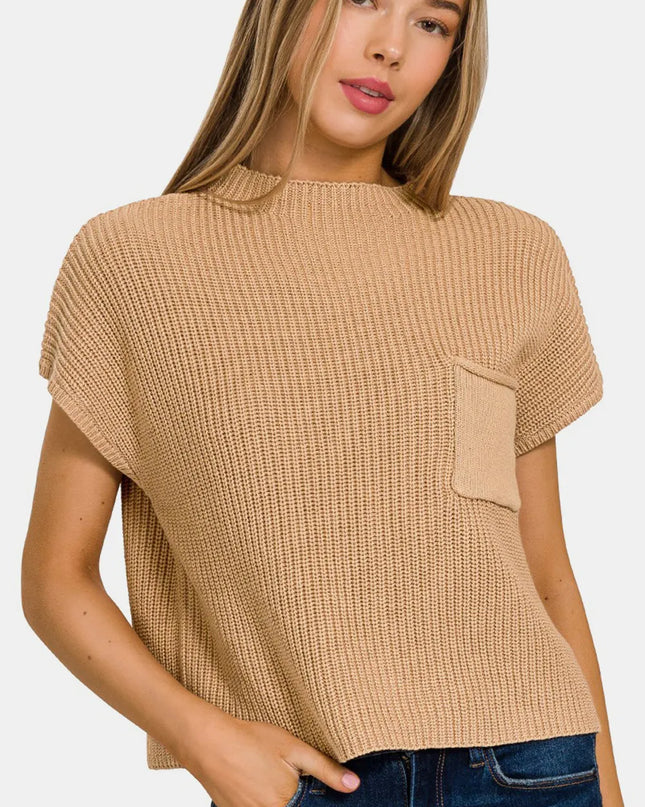 Zenana Mock Neck Short Sleeve Cropped Sweater Brush