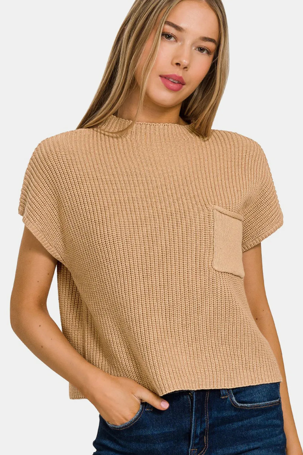 Zenana Mock Neck Short Sleeve Cropped Sweater Brush