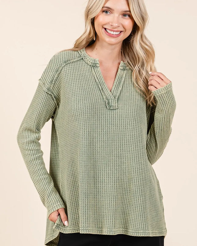 Mittoshop Mineral Wash Waffle Knit V-Neck Long Sleeve Top