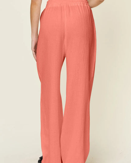 Double Take Full Size Texture Drawstring Wide Leg Pants
