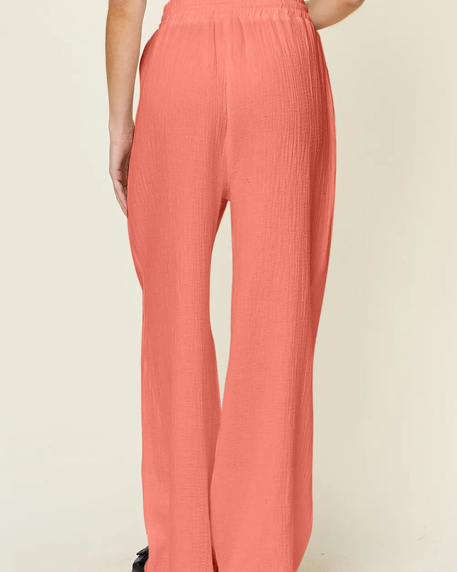 Double Take Full Size Texture Drawstring Wide Leg Pants