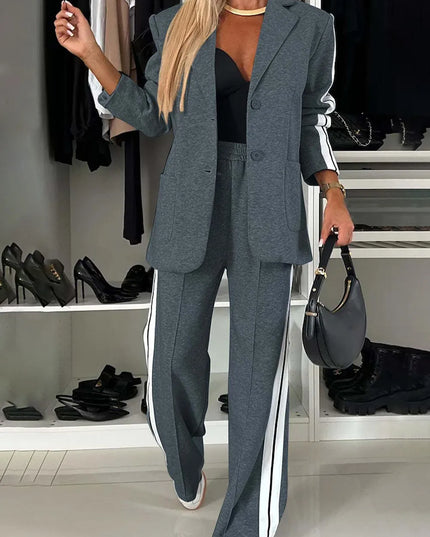 Full Size Contrast Lapel Collar Top and Pants Set French Blue