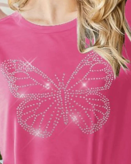 Heimish Full Size Rhinestone Butterfly Round Neck Short Sleeve T-Shirt Plus Size