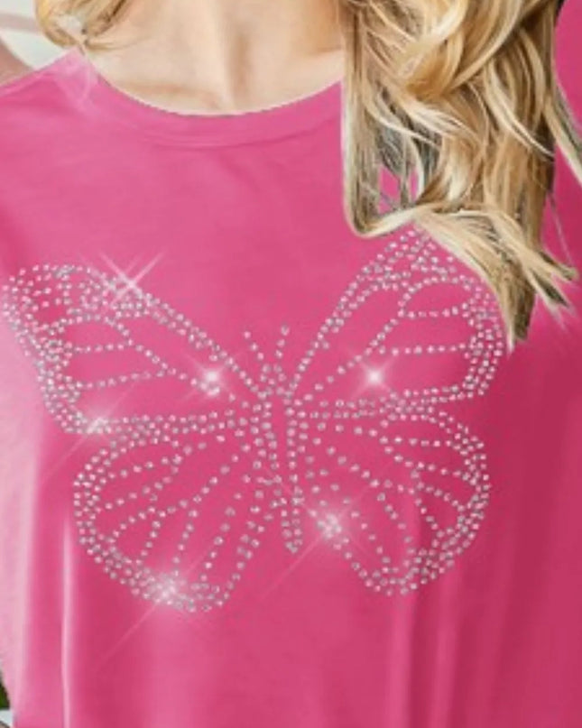 Heimish Full Size Rhinestone Butterfly Round Neck Short Sleeve T-Shirt Plus Size