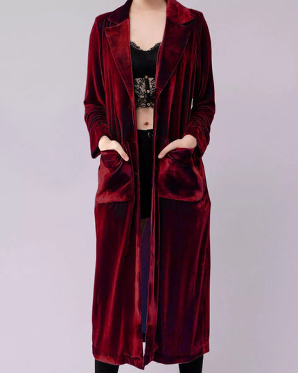 Velvet Lapel Collar Longline Coat Burgundy