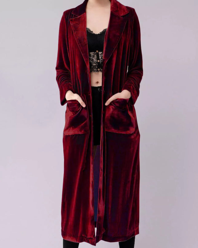 Velvet Lapel Collar Longline Coat Burgundy