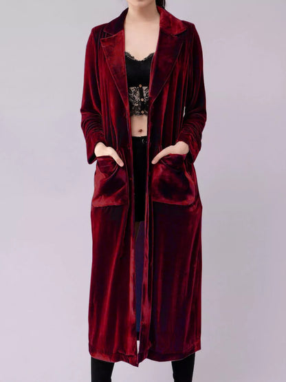 Velvet Lapel Collar Longline Coat Burgundy