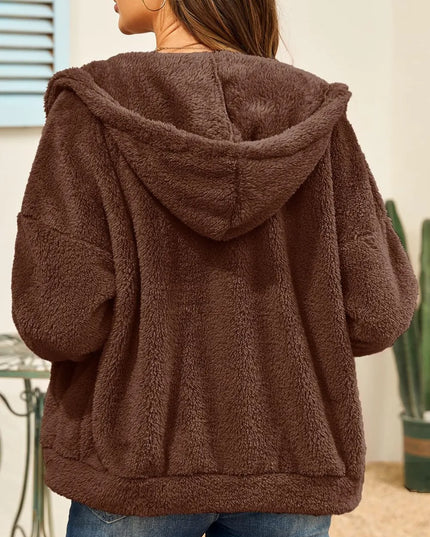 Drawstring Zip Up Hooded Plush Jacket