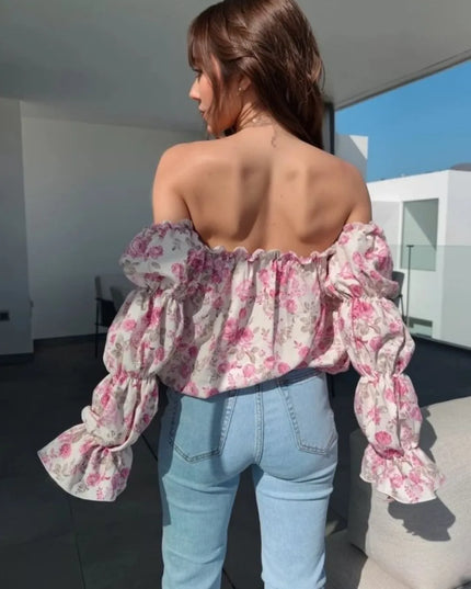 Printed Off-Shoulder Flounce Sleeve Blouse