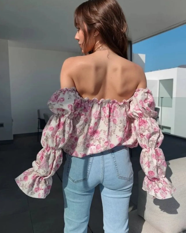 Printed Off-Shoulder Flounce Sleeve Blouse