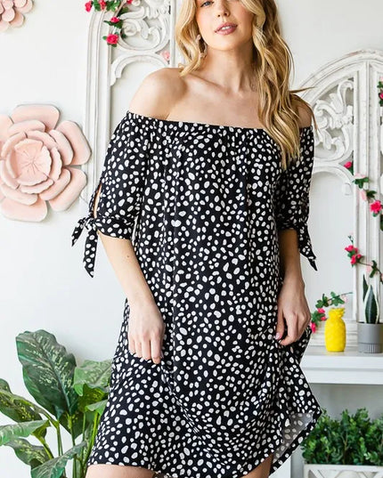Heimish Full Size Short Sleeve Off Shoulder Animal Mini Dress Plus Size