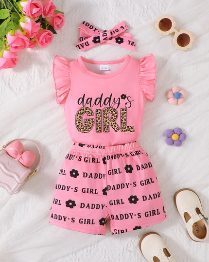 Children's Headband Letter Ruffle Sleeve Top and Shorts 3-Piece Set Pink