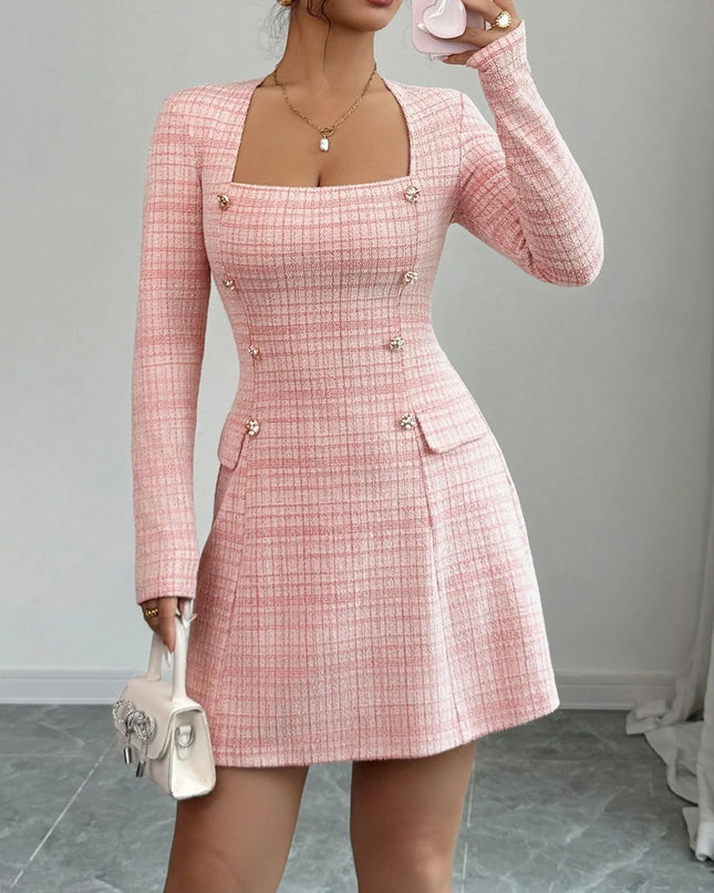 Square Neck Long Sleeve Dress Blush Pink