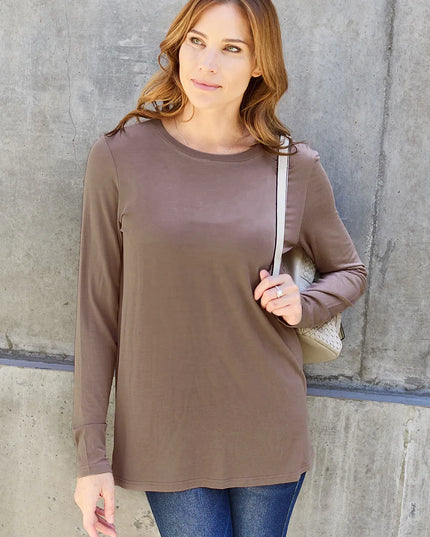 Basic Bae Full Size Round Neck Long Sleeve Top Mocha