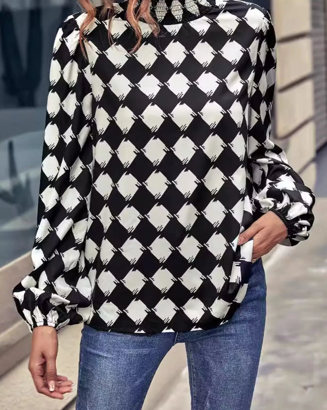 Checkered Pattern Balloon Sleeve Blouse