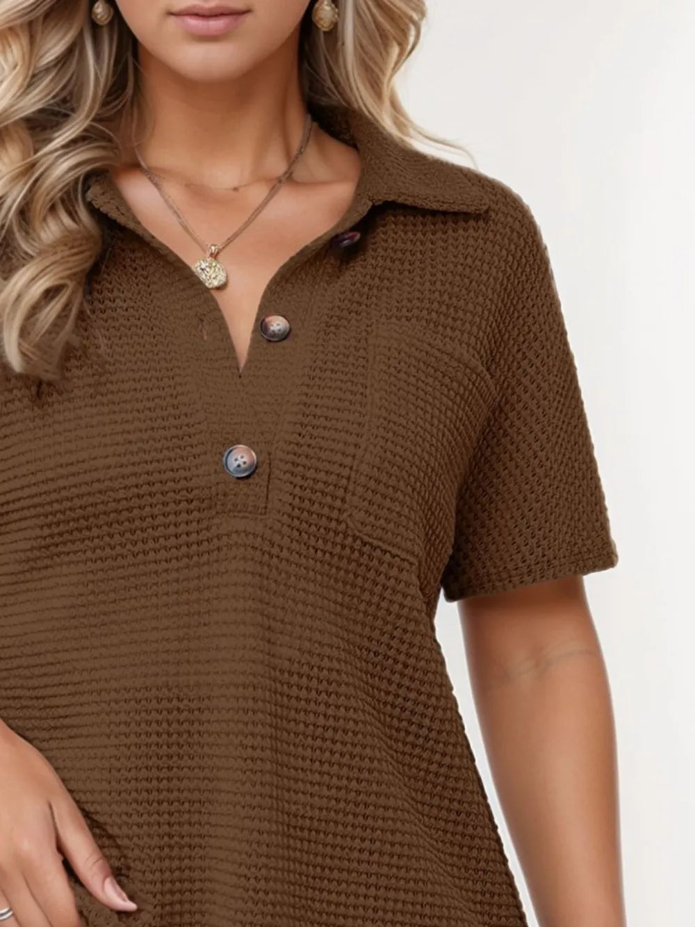 Waffle-Knit Short Sleeve Polo Shirt