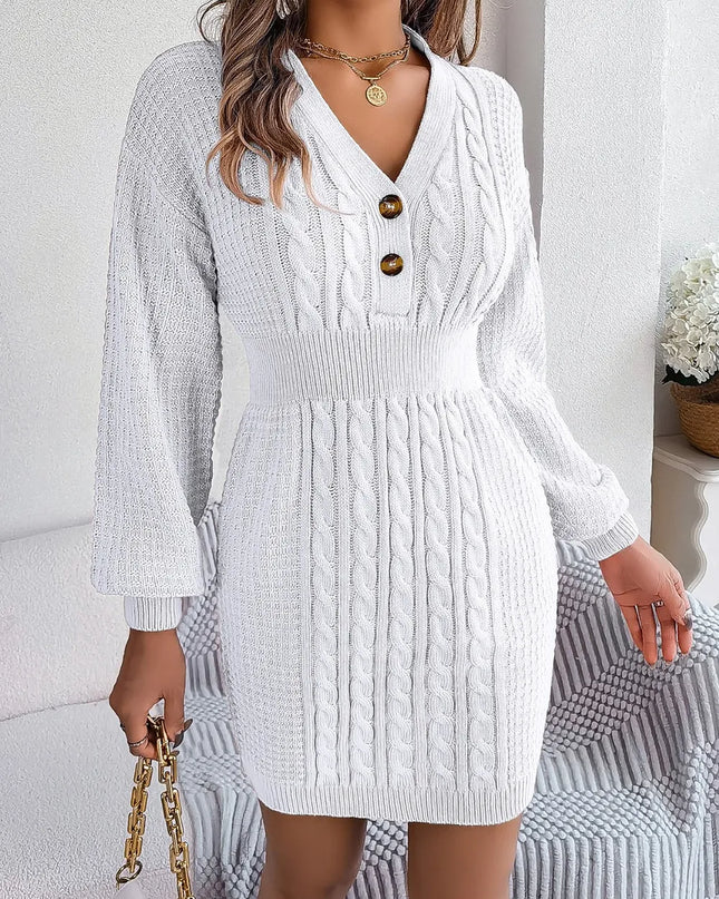 Buttoned Cable-Knit V-Neck Sweater Dress White