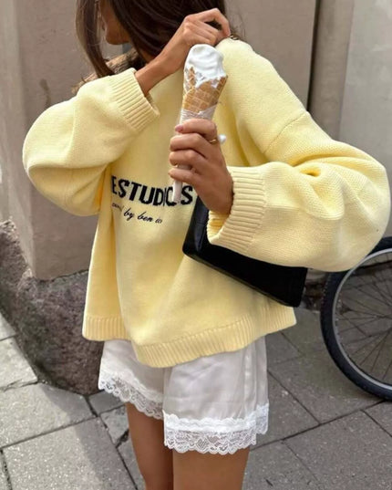 Letter Ribbed Hem Long Sleeve Sweater