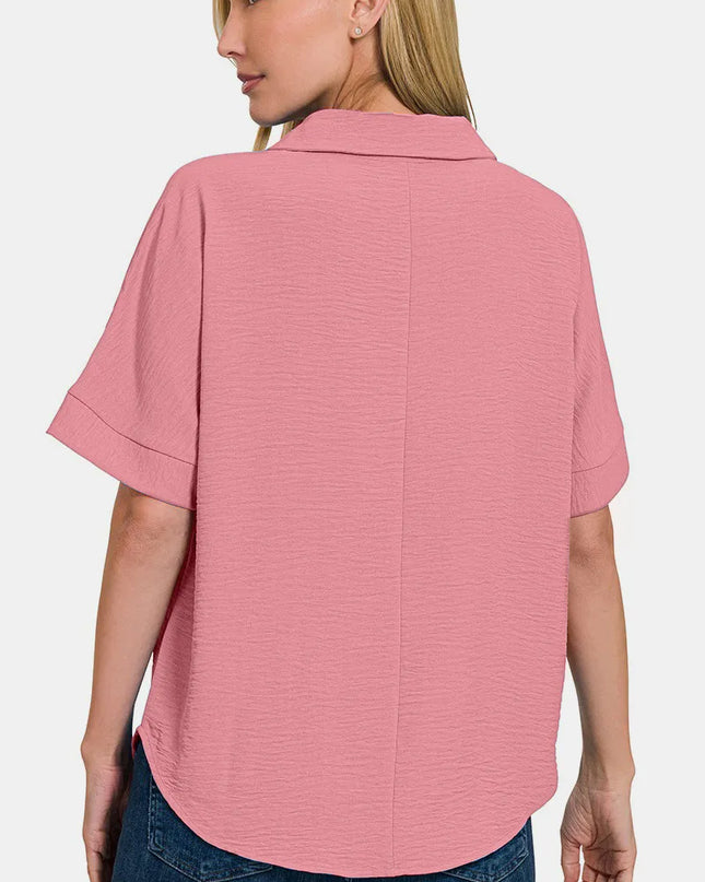 Zenana Texture Collared Neck Short Sleeve Top