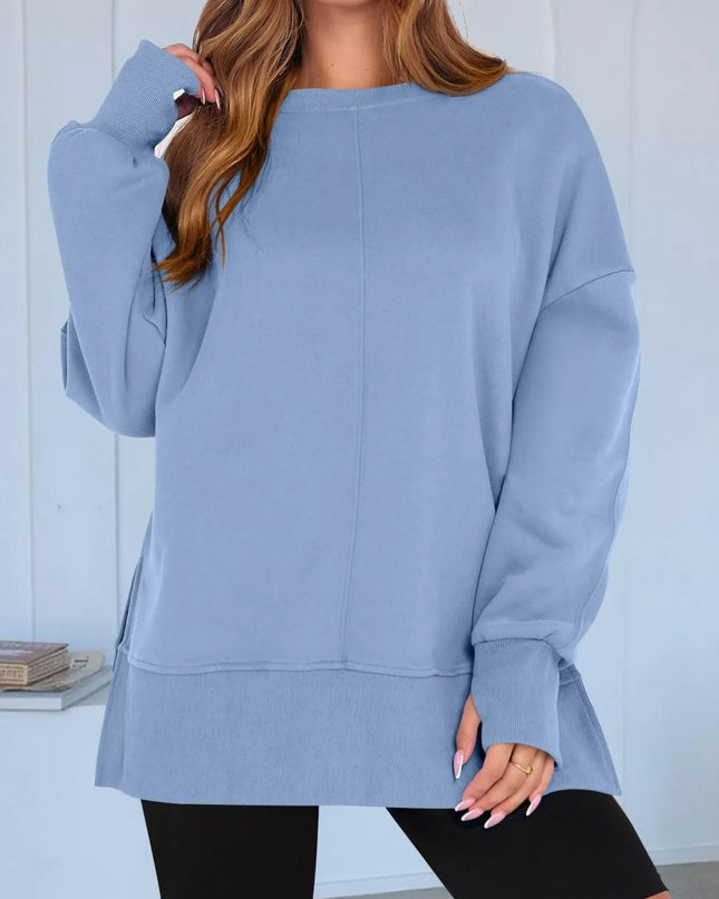 Side Slit Round Neck Long Sleeve Sweatshirt