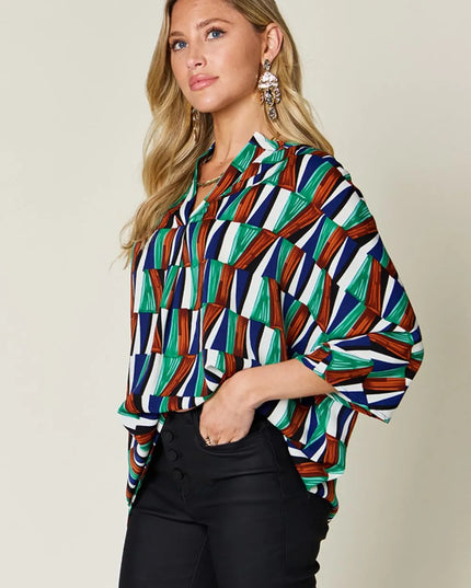 Double Take Full Size Geometric Notched Dolman Sleeve Top