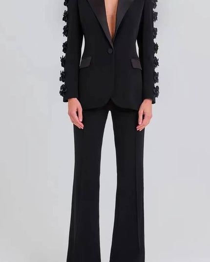 SET6-21 Elegant Floral Ruffle Blazer & Flare Pant Suit
