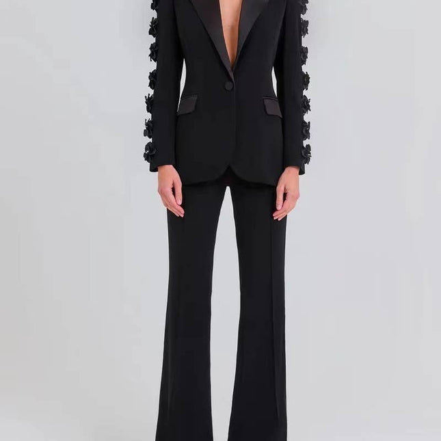 SET6-21 Elegant Floral Ruffle Blazer & Flare Pant Suit