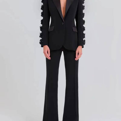 SET6-21 Elegant Floral Ruffle Blazer & Flare Pant Suit