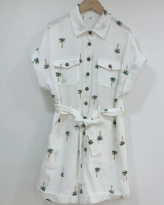 Palm Tree Print Short Sleeve Button-Up Romper with Belt