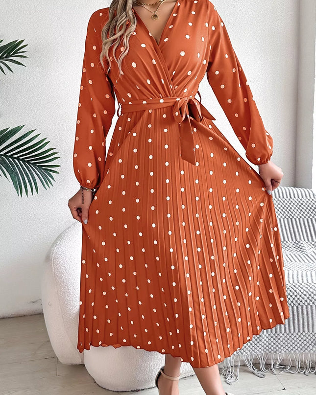 Front Tie Polka Dot Midi Pleated Dress