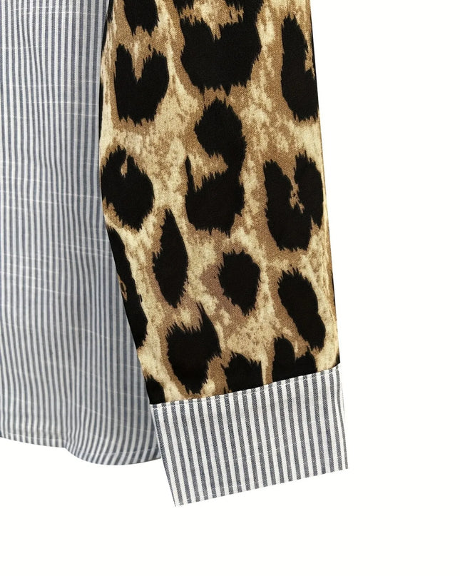 Leopard Print Sleeve Striped Button-Down Shirt