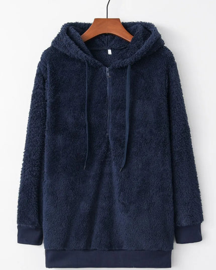 Full Size Quarter-Zip Drawstring Teddy Hoodie