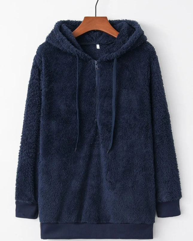 Full Size Quarter-Zip Drawstring Teddy Hoodie