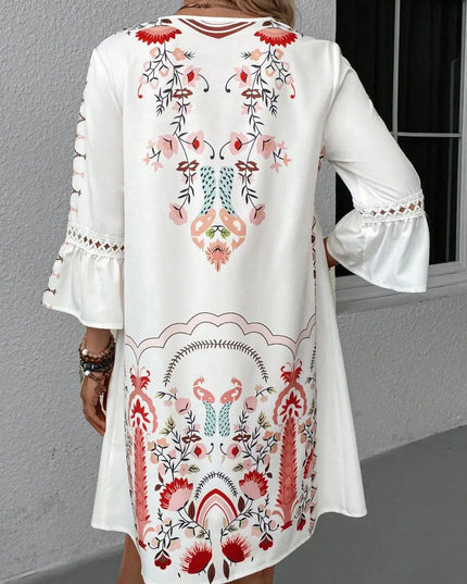 Lace Detail Printed Three-Quarter Sleeve Dress