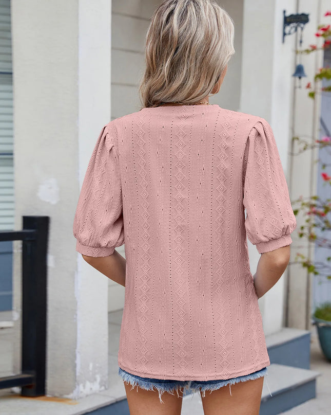 Eyelet V-Neck Puff Sleeve Casual Top 