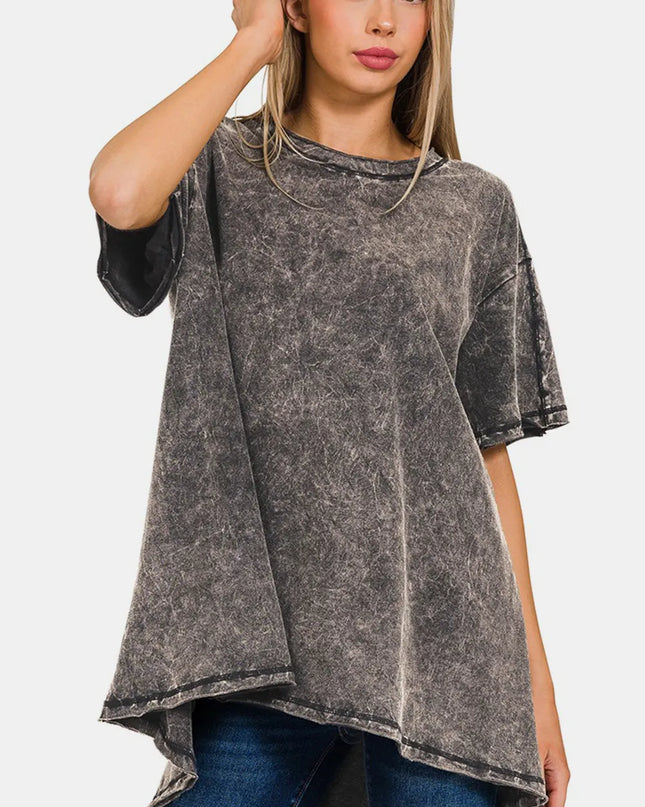 Zenana Round Neck Dropped Shoulder Blouse ASHBLACK