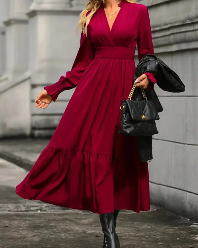 Notched Long Sleeve Tiered Dress