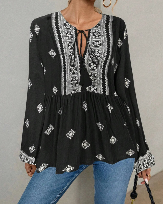Tie Front Long Sleeve Blouse