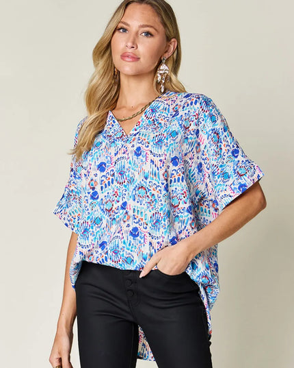 Double Take Full Size Printed V-Neck Short Sleeve Blouse Sky Blue
