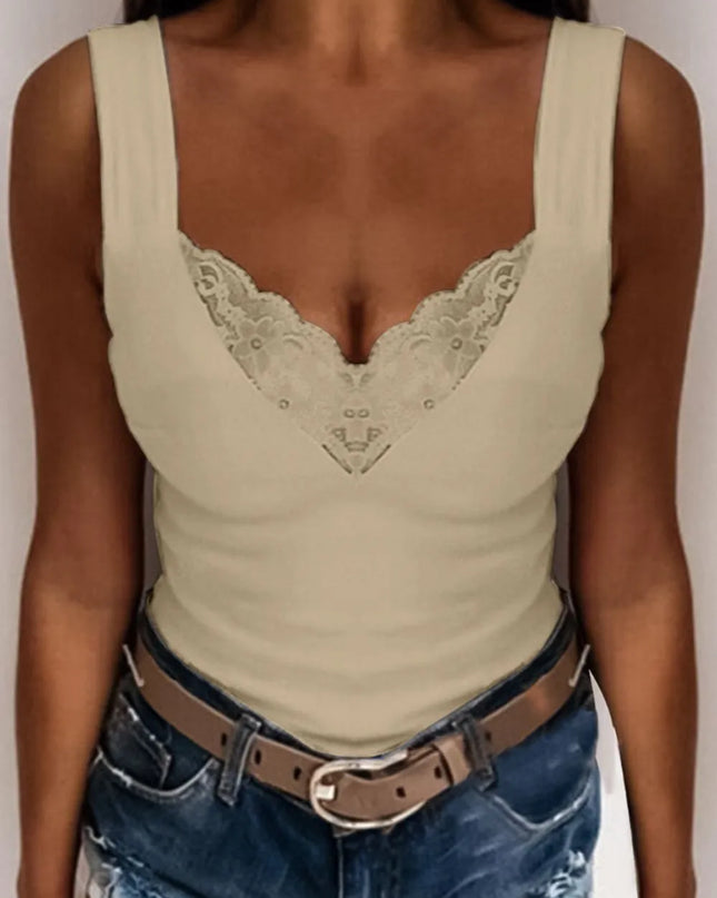 Full Size Lace Detail V-Neck Tank Plus Size Khaki