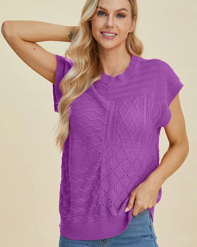 Double Take Full Size Cable-Knit Round Neck Cap Sleeve Sweater