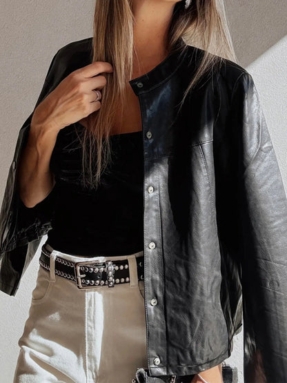 Faux Leather Buttoned Front Boxy Jacket
