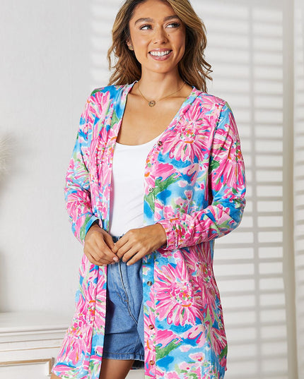 Double Take Floral Open Front Long Sleeve Cardigan