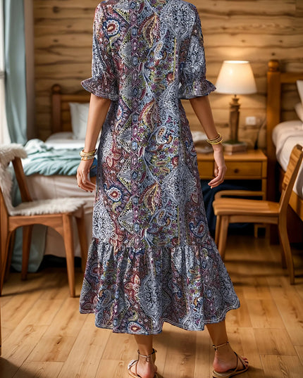 Full Size Bohemian Paisley Print Ruffle Hem Midi Dress Plus Size