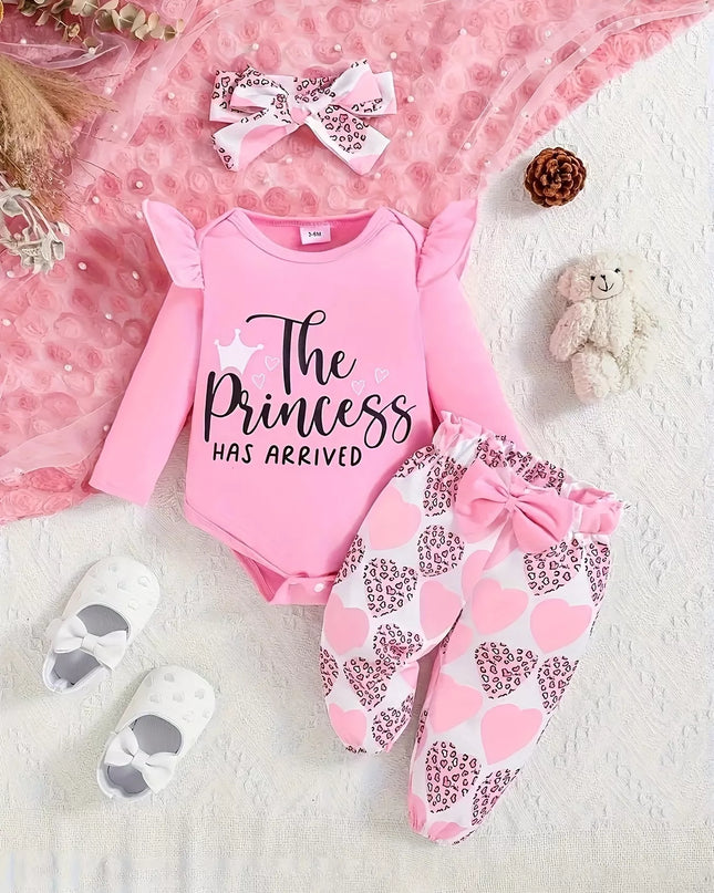 Children's Graphic Ruffled Top and Pants Set with Headband Pink