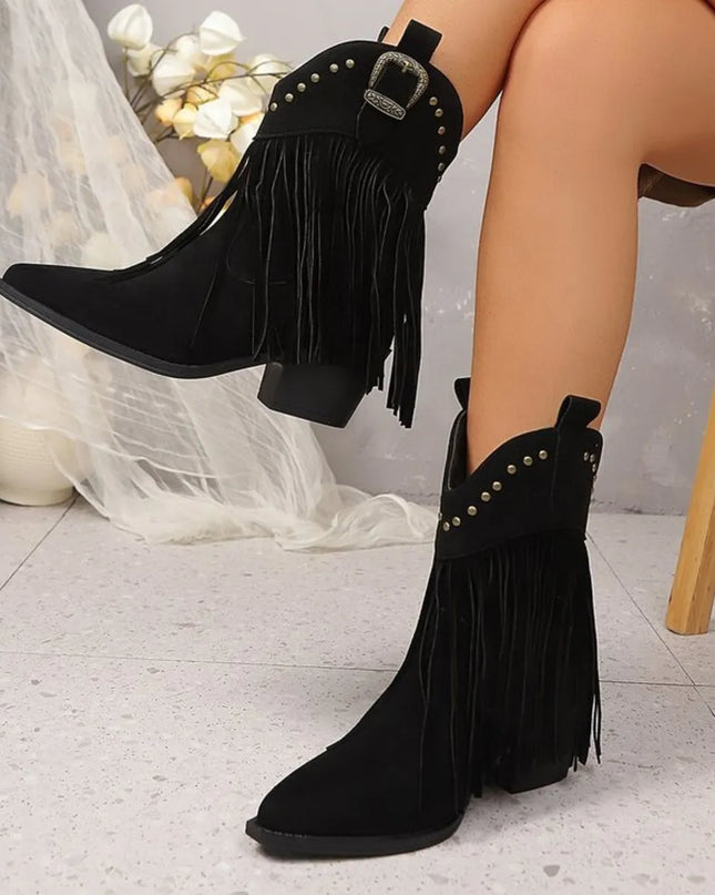 Fringe Point Toe Block Heels Boots