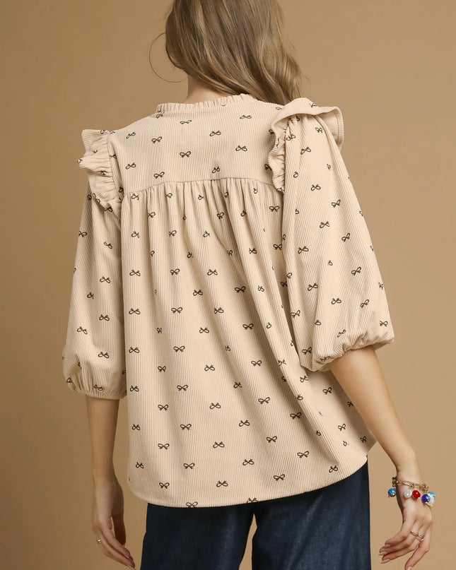 Umgee Bow Print Corduroy Puff Sleeve Blouse with Ruffled