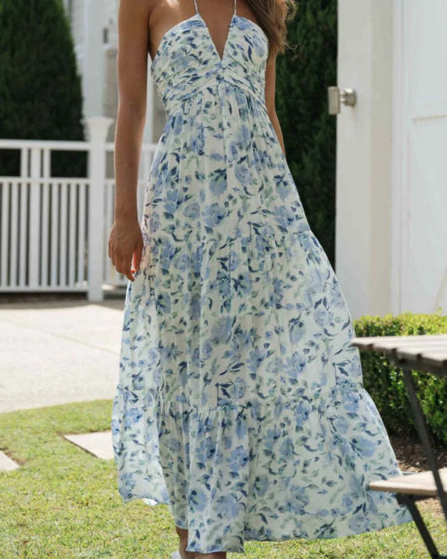 Printed Halter Neck Cami Dress Light Blue